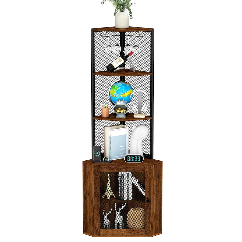 65" Corner Cabinet with Doors, Shelves & Wine Glass Rack, 6-Tier Bookshelf Display