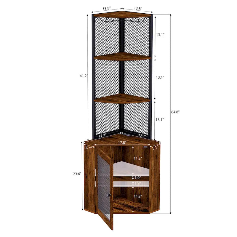 65" Corner Cabinet with Doors, Shelves & Wine Glass Rack, 6-Tier Bookshelf Display