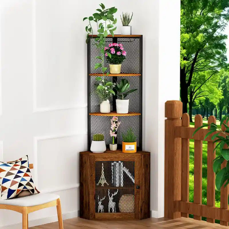65" Corner Cabinet with Doors, Shelves & Wine Glass Rack, 6-Tier Bookshelf Display