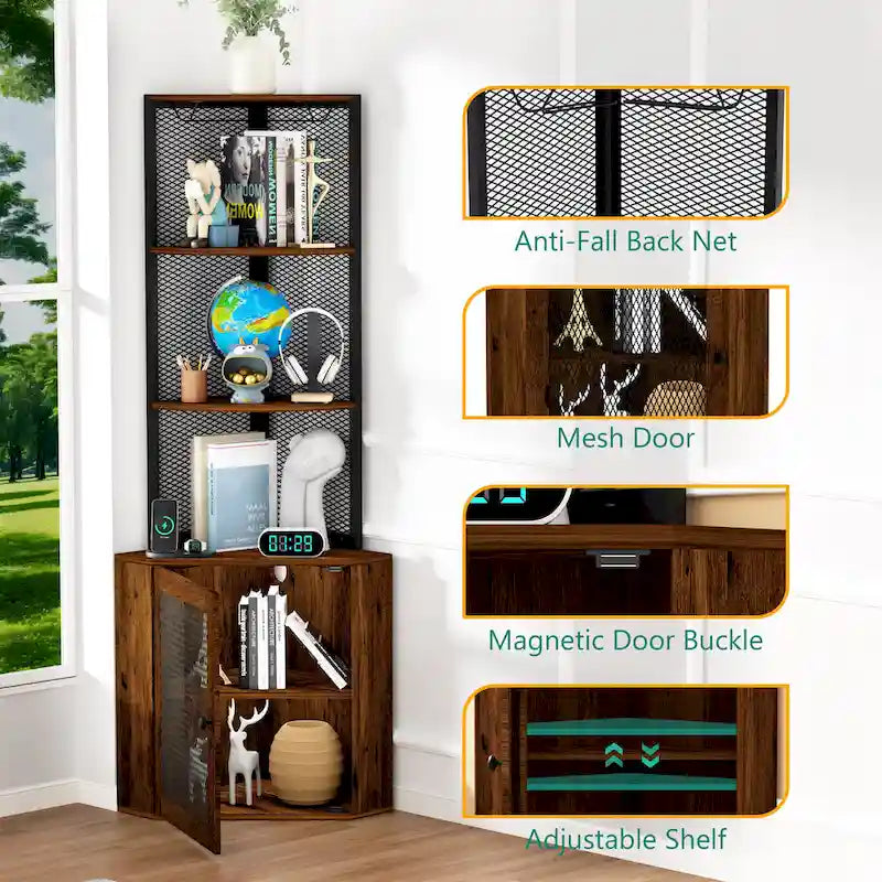 65" Corner Cabinet with Doors, Shelves & Wine Glass Rack, 6-Tier Bookshelf Display