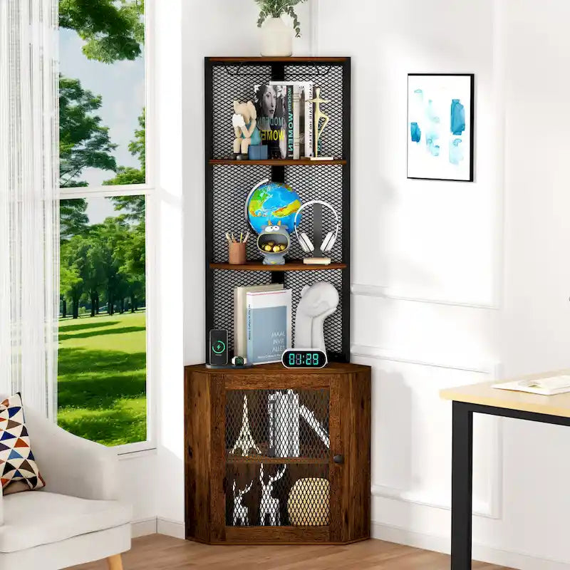 65" Corner Cabinet with Doors, Shelves & Wine Glass Rack, 6-Tier Bookshelf Display