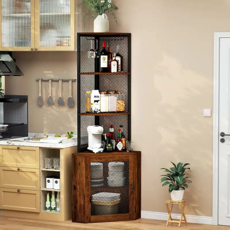 65" Corner Cabinet with Doors, Shelves & Wine Glass Rack, 6-Tier Bookshelf Display