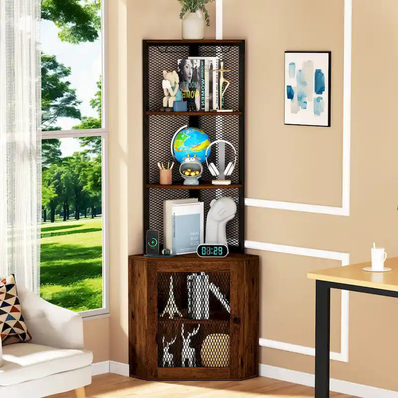 65" Corner Cabinet with Doors, Shelves & Wine Glass Rack, 6-Tier Bookshelf Display
