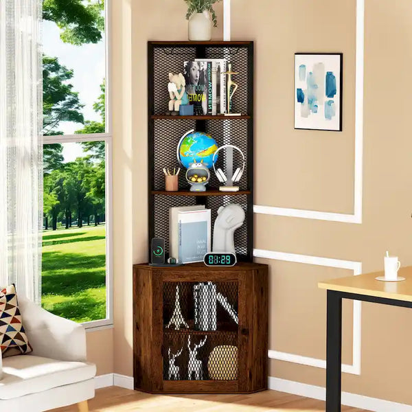 65" Corner Cabinet with Doors, Shelves & Wine Glass Rack, 6-Tier Bookshelf Display