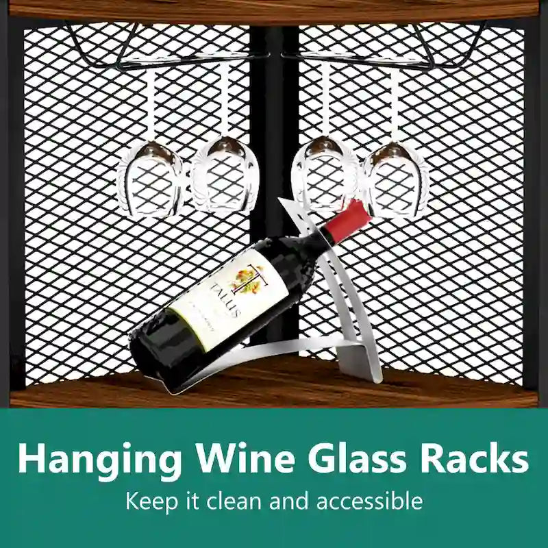 65" Corner Cabinet with Doors, Shelves & Wine Glass Rack, 6-Tier Bookshelf Display