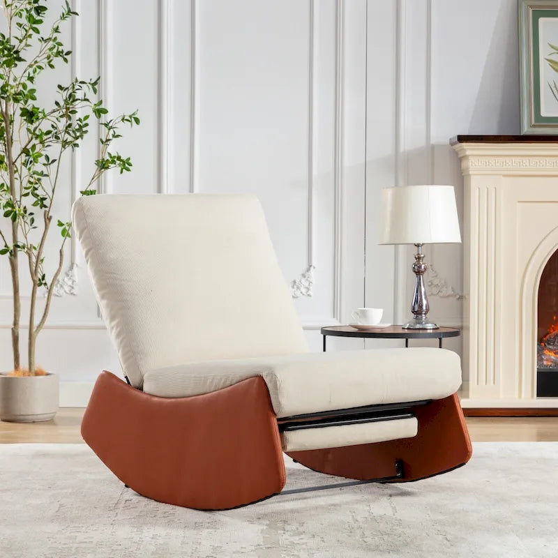 Poltrona reclinabile con dondolo moderna, imbottita in velluto a coste arancione e beige, con poggiapiedi e gambe in similpelle PU per soggiorno e camera da letto