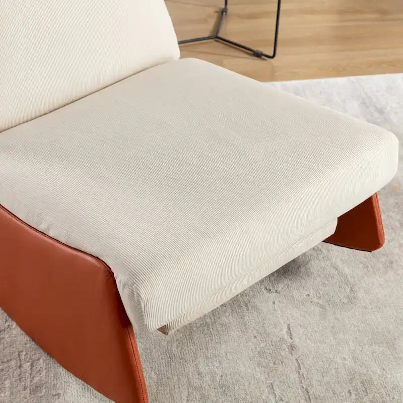 Poltrona reclinabile con dondolo moderna, imbottita in velluto a coste arancione e beige, con poggiapiedi e gambe in similpelle PU per soggiorno e camera da letto