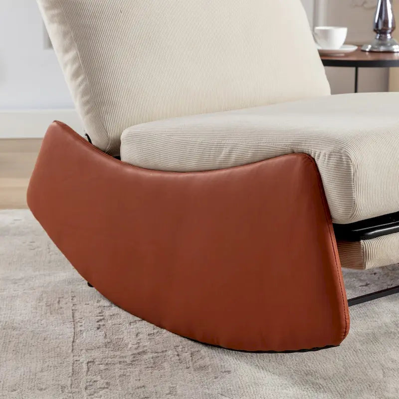 Poltrona reclinabile con dondolo moderna, imbottita in velluto a coste arancione e beige, con poggiapiedi e gambe in similpelle PU per soggiorno e camera da letto