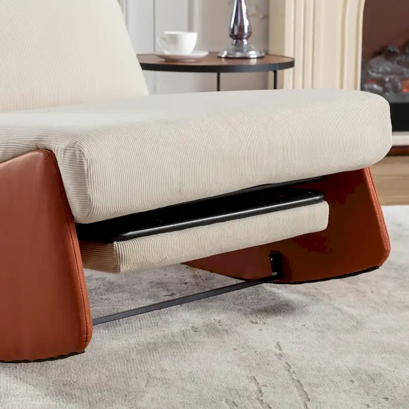 Poltrona reclinabile con dondolo moderna, imbottita in velluto a coste arancione e beige, con poggiapiedi e gambe in similpelle PU per soggiorno e camera da letto