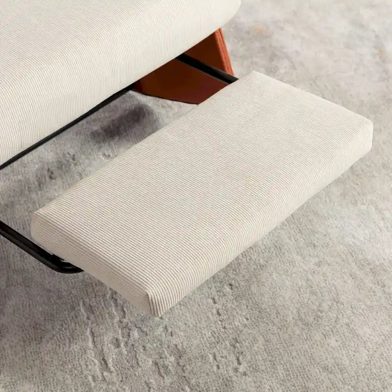 Poltrona reclinabile con dondolo moderna, imbottita in velluto a coste arancione e beige, con poggiapiedi e gambe in similpelle PU per soggiorno e camera da letto