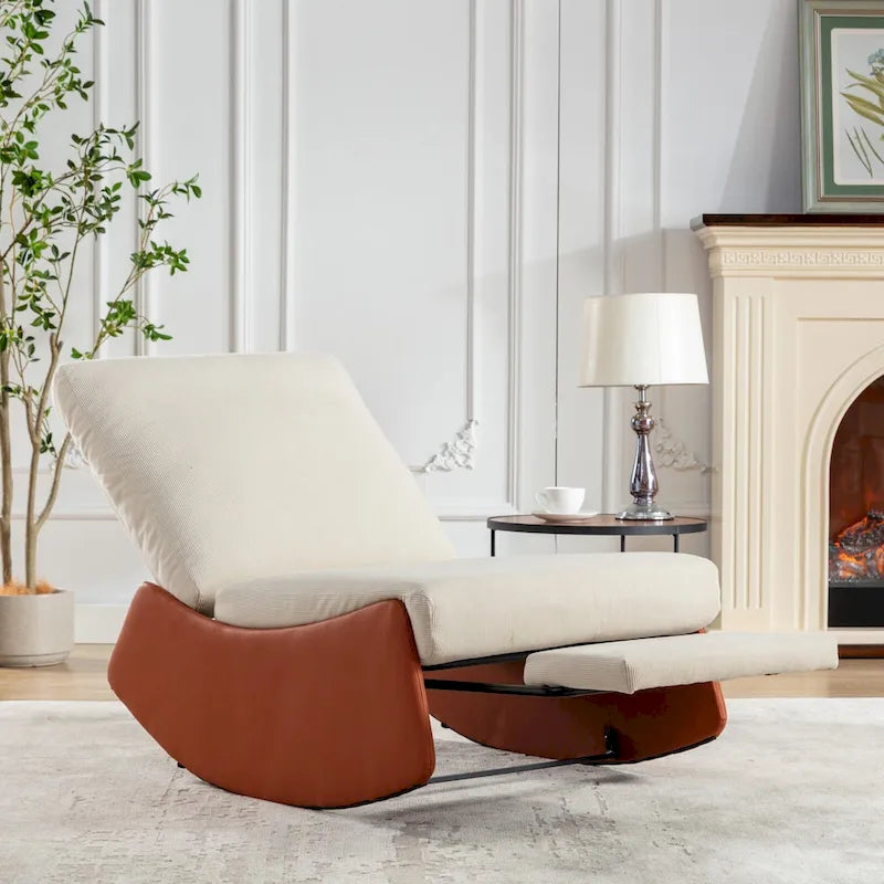 Poltrona reclinabile con dondolo moderna, imbottita in velluto a coste arancione e beige, con poggiapiedi e gambe in similpelle PU per soggiorno e camera da letto