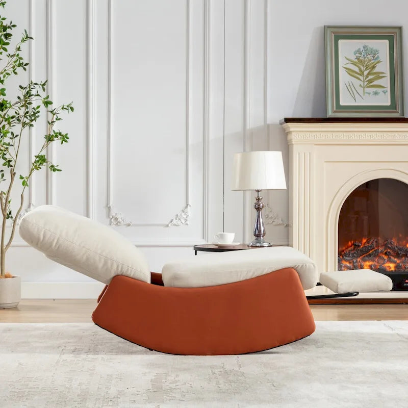 Poltrona reclinabile con dondolo moderna, imbottita in velluto a coste arancione e beige, con poggiapiedi e gambe in similpelle PU per soggiorno e camera da letto