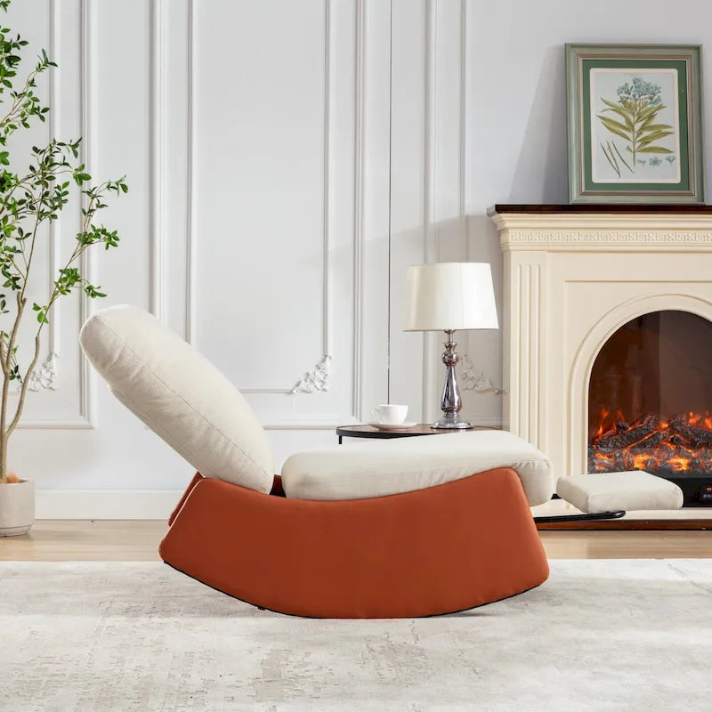 Poltrona reclinabile con dondolo moderna, imbottita in velluto a coste arancione e beige, con poggiapiedi e gambe in similpelle PU per soggiorno e camera da letto