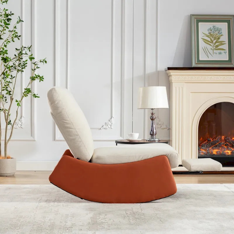 Poltrona reclinabile con dondolo moderna, imbottita in velluto a coste arancione e beige, con poggiapiedi e gambe in similpelle PU per soggiorno e camera da letto