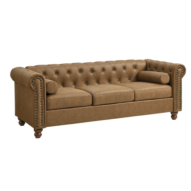 Brown 74.5" Fabric Upholstered Chesterfield Sofa with Tufted Backrest, 2 Headrests & Sponge Cushions