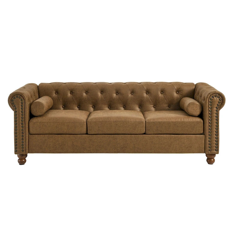 Brown 74.5" Fabric Upholstered Chesterfield Sofa with Tufted Backrest, 2 Headrests & Sponge Cushions