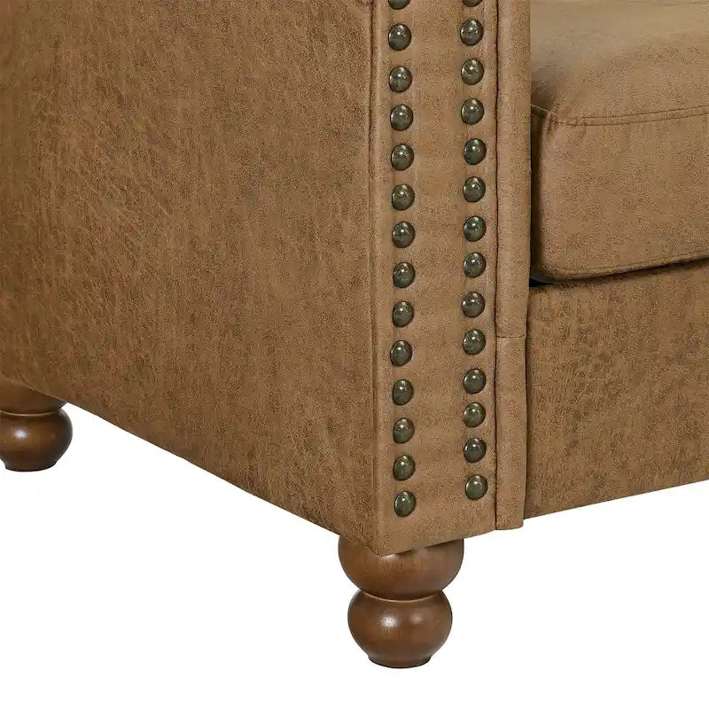 Brown 74.5" Fabric Upholstered Chesterfield Sofa with Tufted Backrest, 2 Headrests & Sponge Cushions