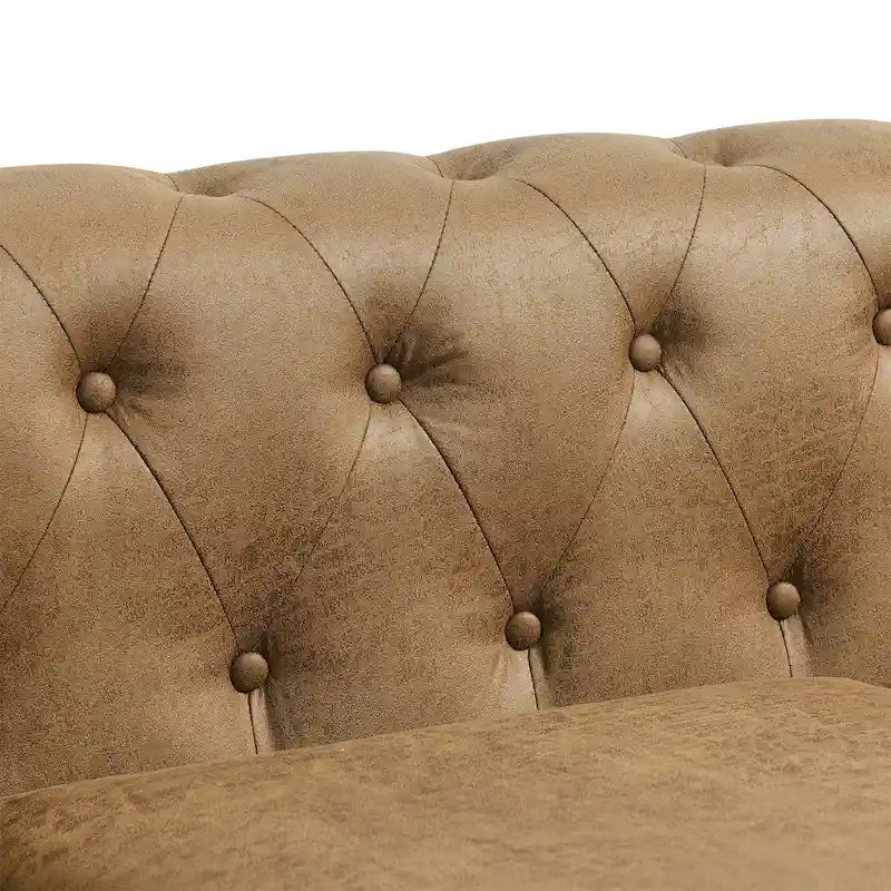 Brown 74.5" Fabric Upholstered Chesterfield Sofa with Tufted Backrest, 2 Headrests & Sponge Cushions
