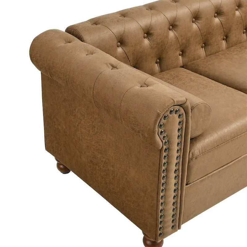 Brown 74.5" Fabric Upholstered Chesterfield Sofa with Tufted Backrest, 2 Headrests & Sponge Cushions