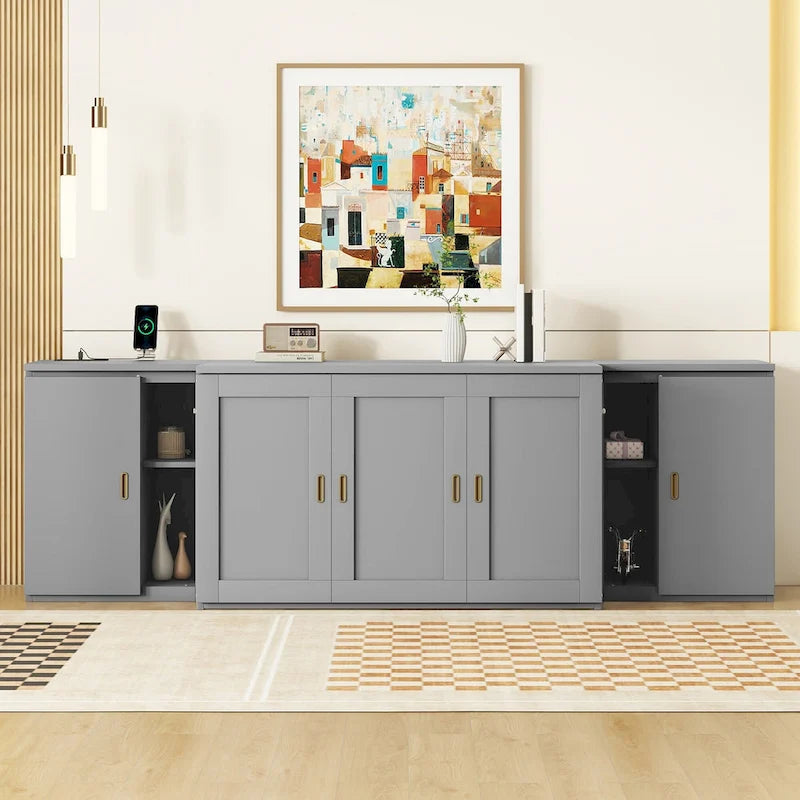 Gray Full Size Murphy Bed with Shelves, Cabinets, and USB Charging Ports