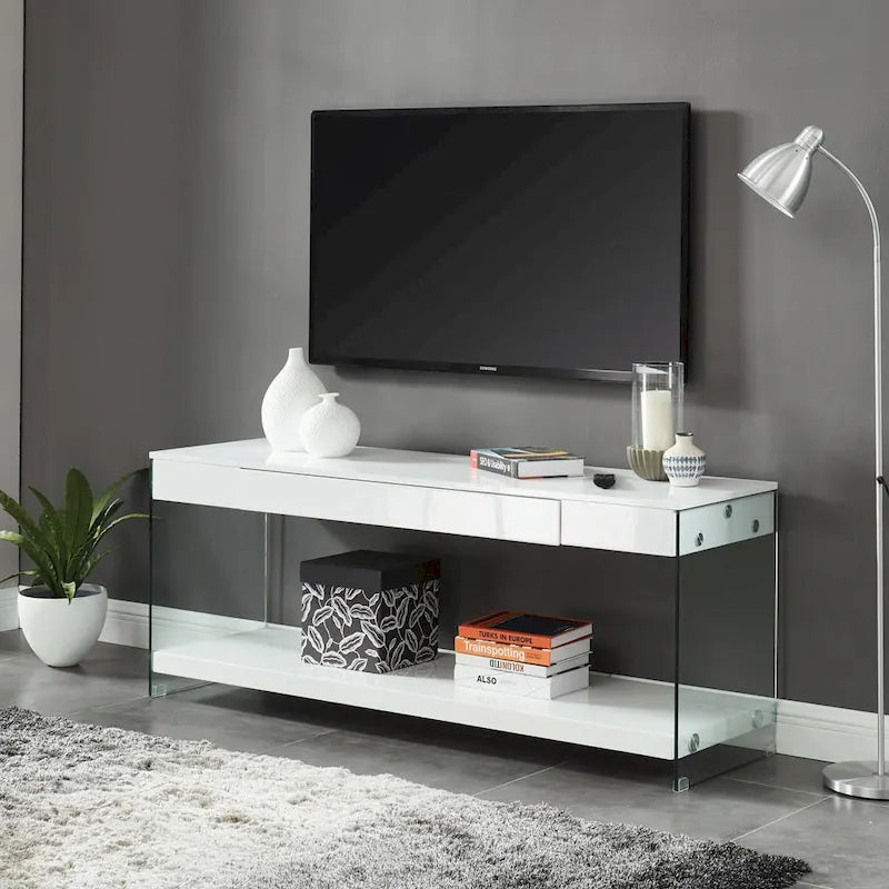 Modern 60-Inch Glass TV Console with 1 Shelf & 1 Drawer