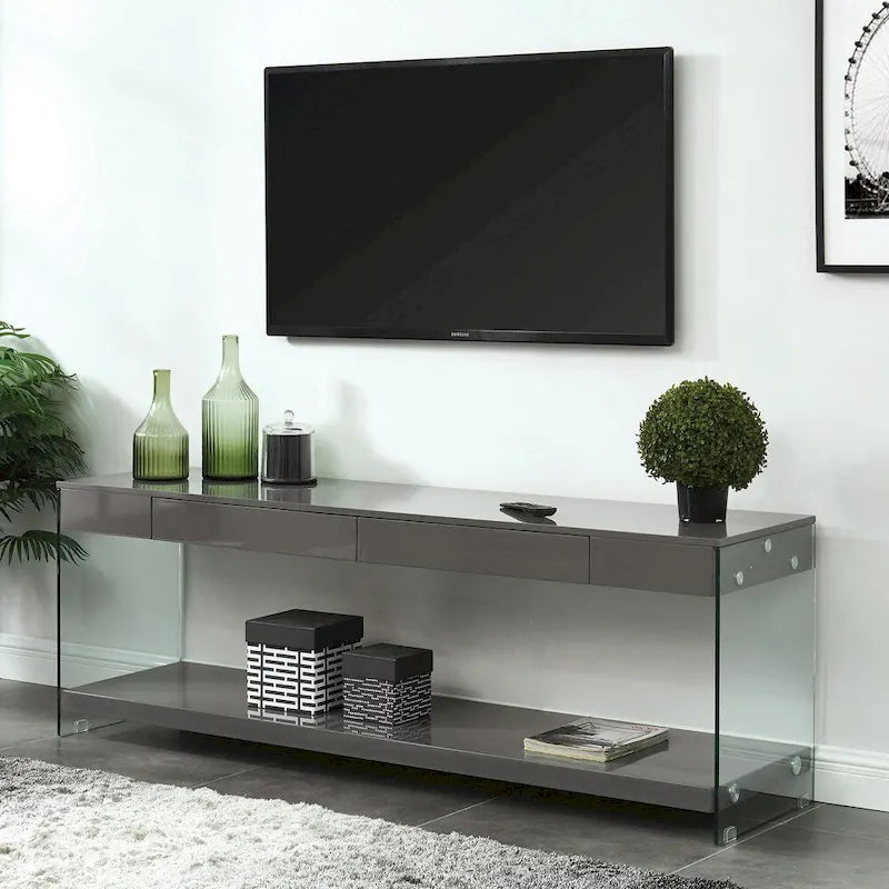 Modern 60-Inch Glass TV Console with 1 Shelf & 1 Drawer