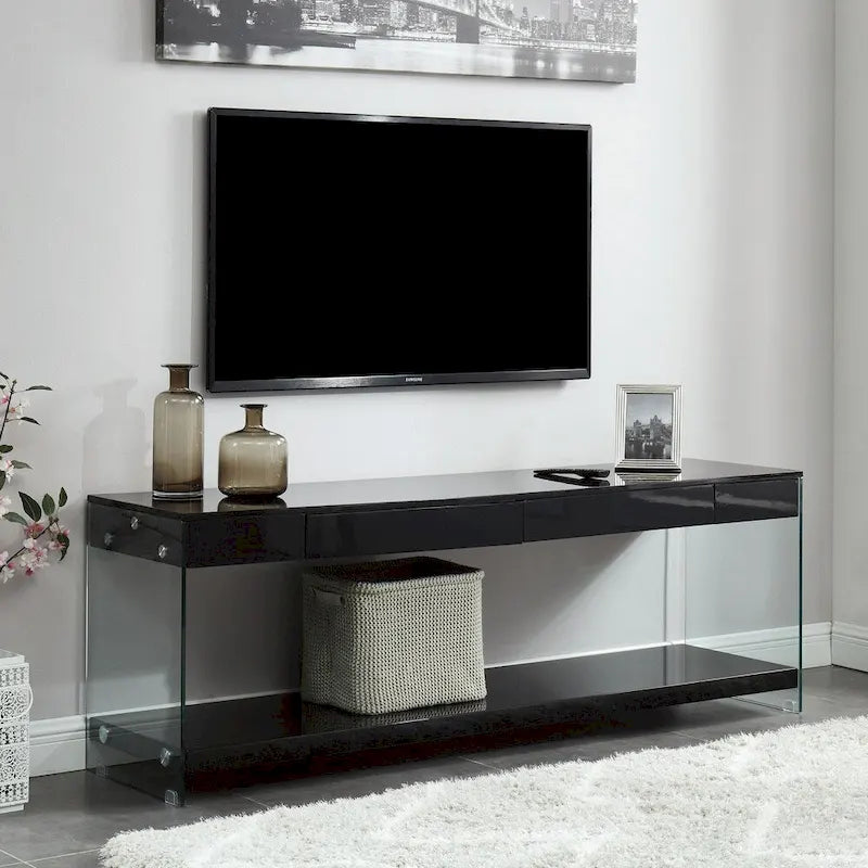 Modern 60-Inch Glass TV Console with 1 Shelf & 1 Drawer