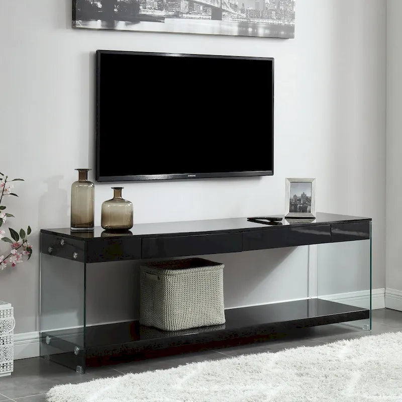 Modern 60-Inch Glass TV Console with 1 Shelf & 1 Drawer