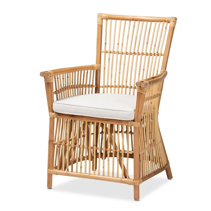 Bohemian Upholstered Rattan Armchair - White/Natural Brown