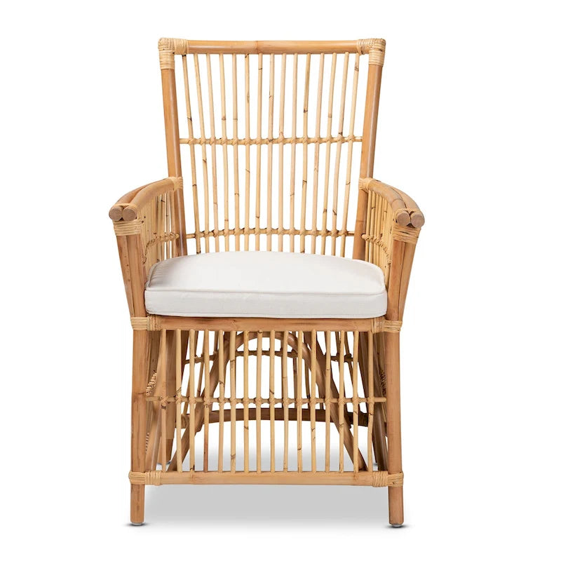 Bohemian Upholstered Rattan Armchair - White/Natural Brown