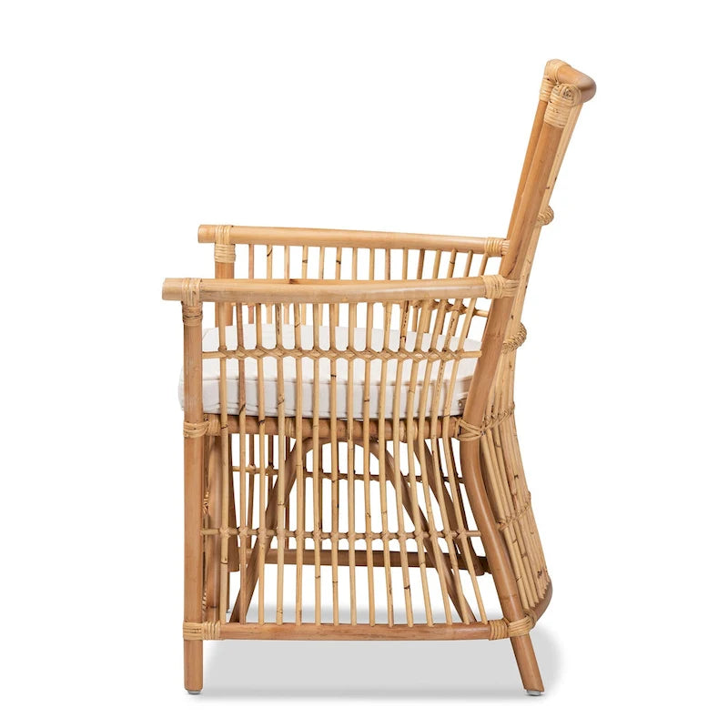 Bohemian Upholstered Rattan Armchair - White/Natural Brown