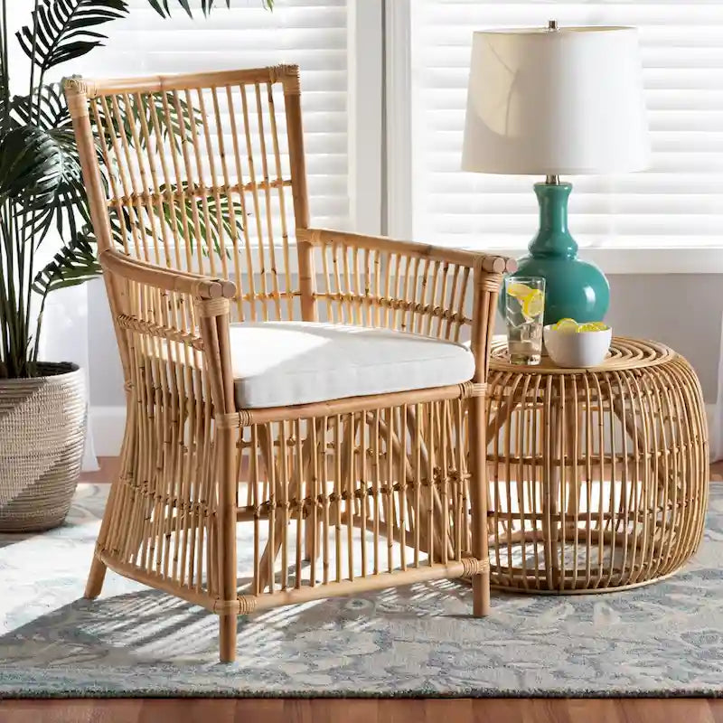 Bohemian Upholstered Rattan Armchair - White/Natural Brown