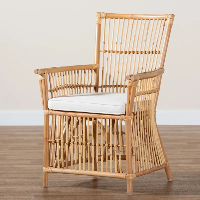 Bohemian Upholstered Rattan Armchair - White/Natural Brown