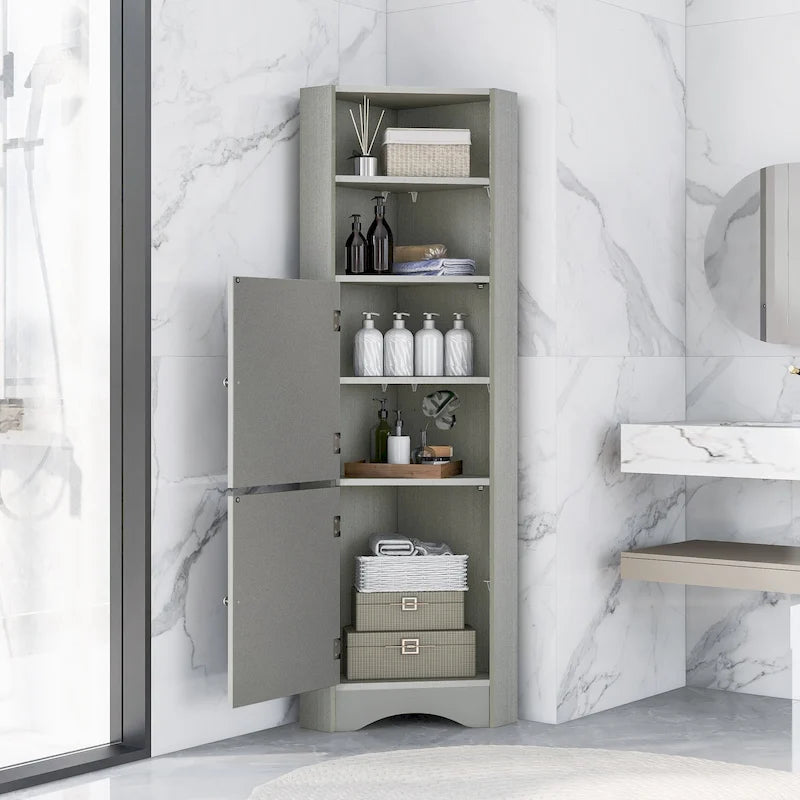 Tall Freestanding Bathroom Cabinet Corner Storage Cabinet with Doors and Adjustable Shelves