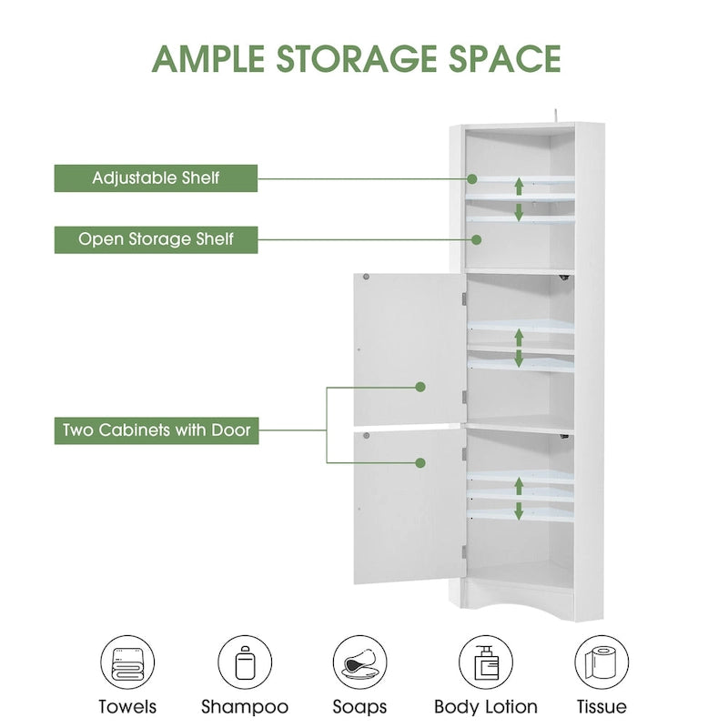 Tall Freestanding Bathroom Cabinet Corner Storage Cabinet with Doors and Adjustable Shelves
