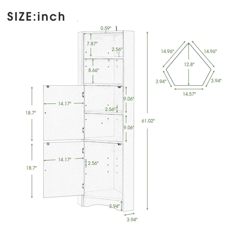 Tall Freestanding Bathroom Cabinet Corner Storage Cabinet with Doors and Adjustable Shelves