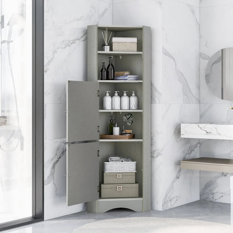 Tall Freestanding Bathroom Cabinet Corner Storage Cabinet with Doors and Adjustable Shelves