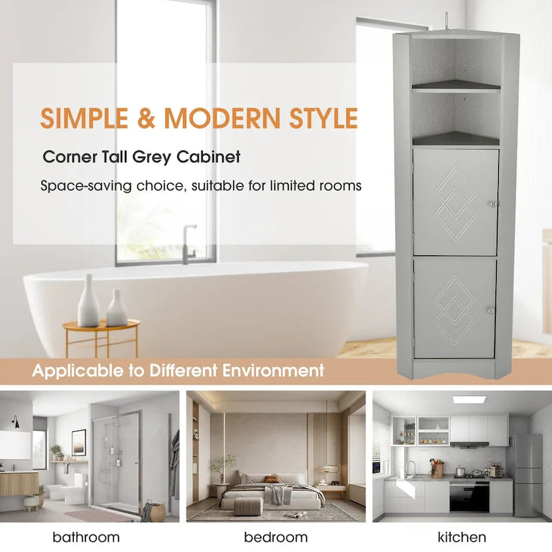 Tall Freestanding Bathroom Cabinet Corner Storage Cabinet with Doors and Adjustable Shelves