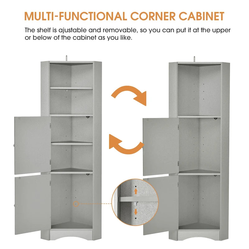 Tall Freestanding Bathroom Cabinet Corner Storage Cabinet with Doors and Adjustable Shelves