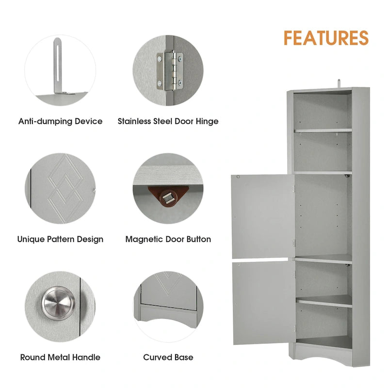 Tall Freestanding Bathroom Cabinet Corner Storage Cabinet with Doors and Adjustable Shelves