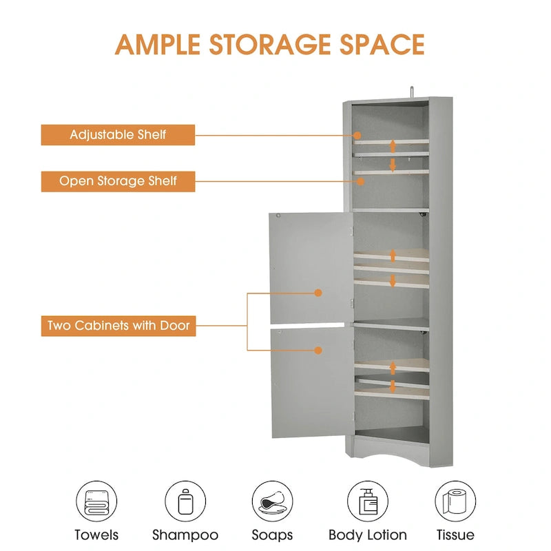 Tall Freestanding Bathroom Cabinet Corner Storage Cabinet with Doors and Adjustable Shelves