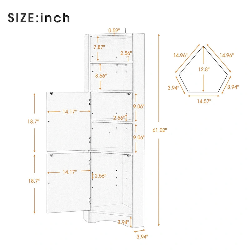Tall Freestanding Bathroom Cabinet Corner Storage Cabinet with Doors and Adjustable Shelves