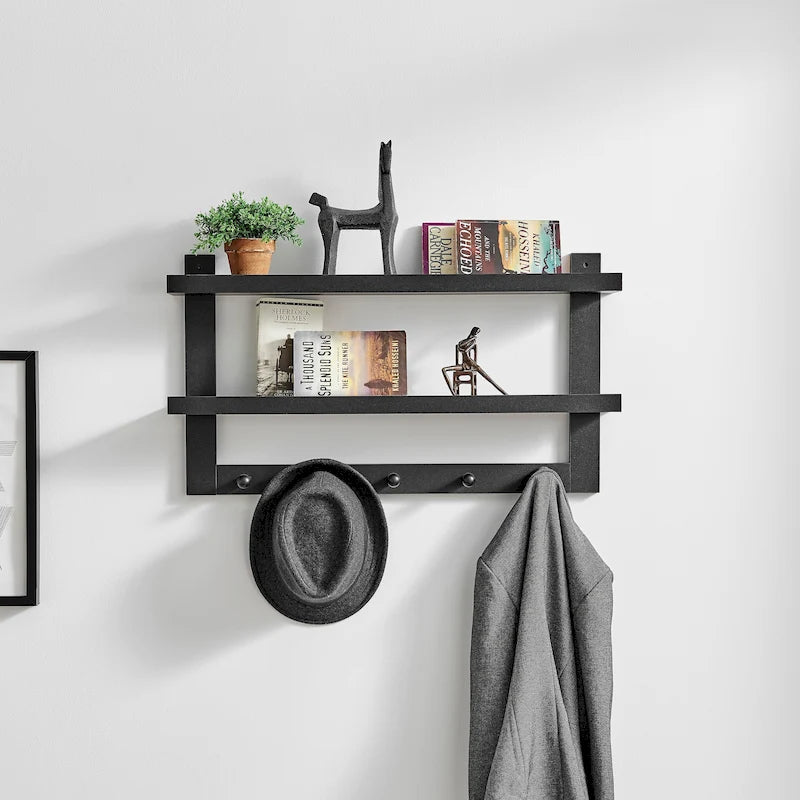 2-Tier Wall Shelf with 5 Hanging Hooks - Entryway or Bathroom