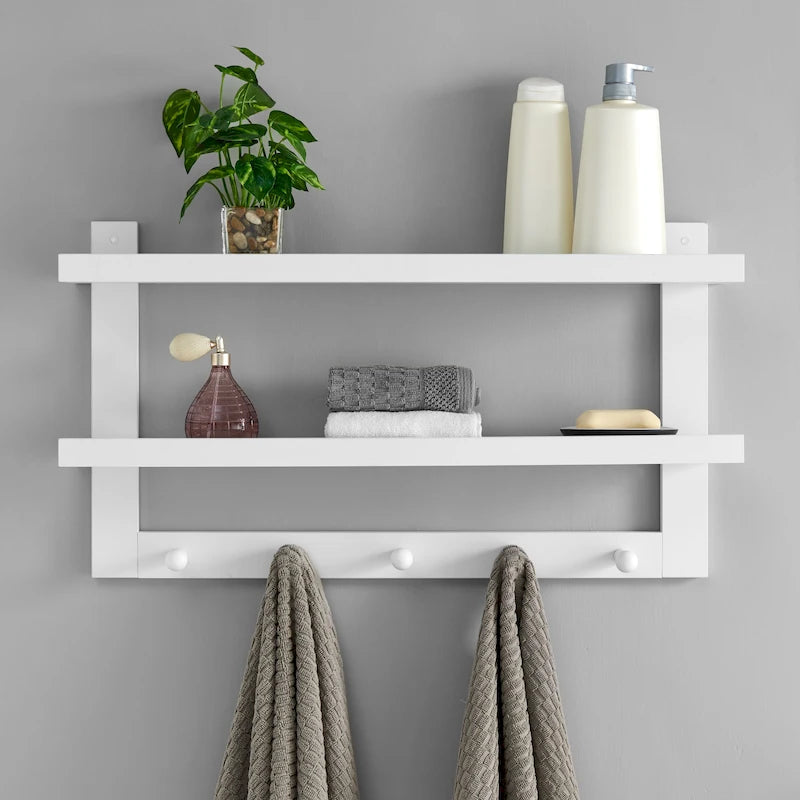 2-Tier Wall Shelf with 5 Hanging Hooks - Entryway or Bathroom