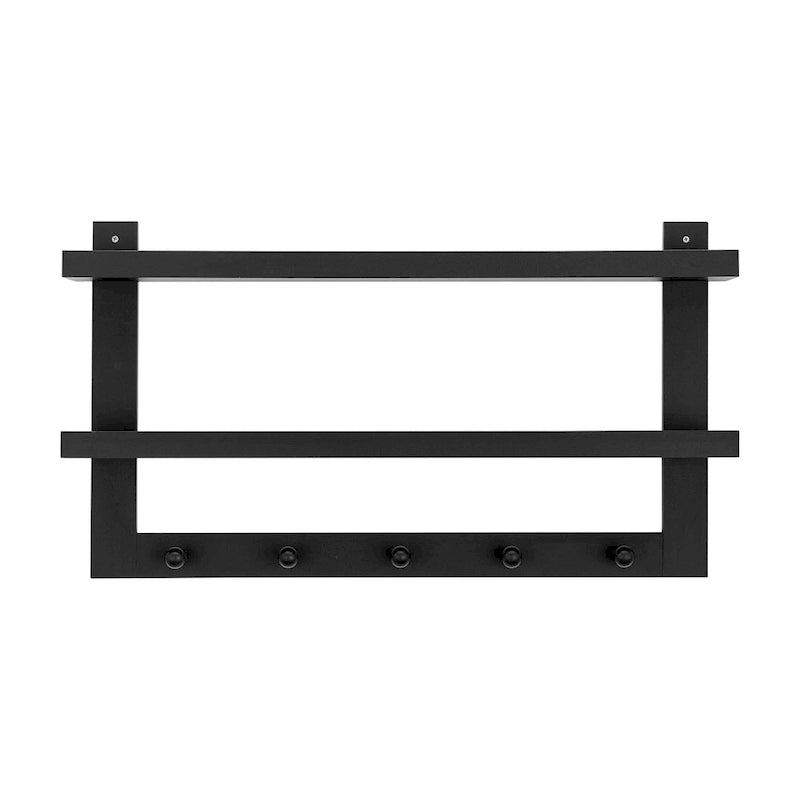 2-Tier Wall Shelf with 5 Hanging Hooks - Entryway or Bathroom