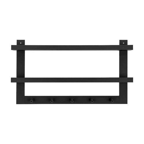 2-Tier Wall Shelf with 5 Hanging Hooks - Entryway or Bathroom