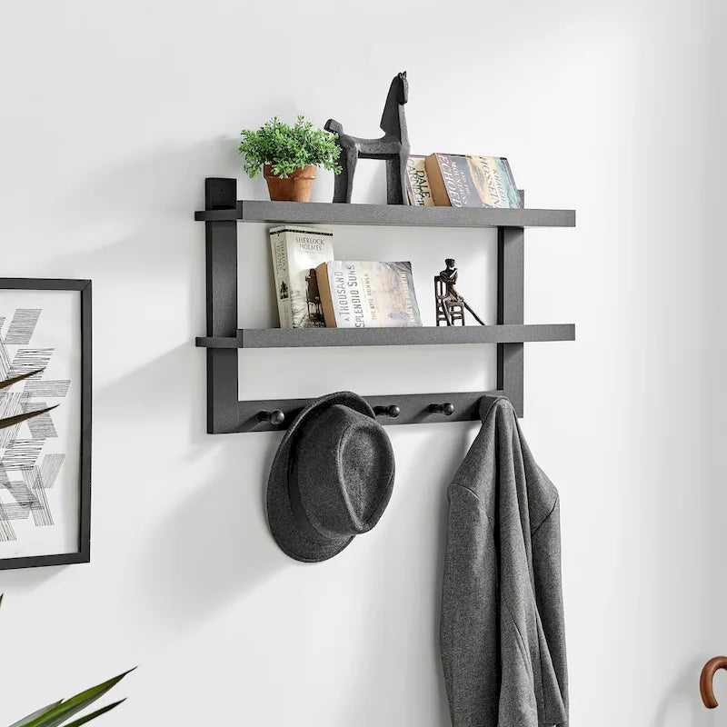 2-Tier Wall Shelf with 5 Hanging Hooks - Entryway or Bathroom