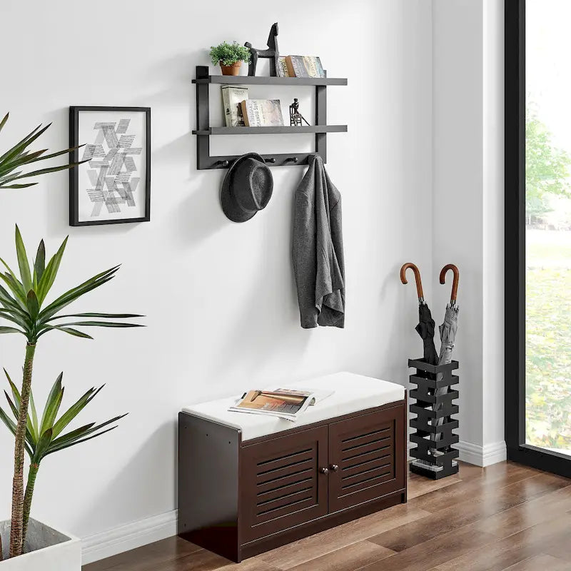 2-Tier Wall Shelf with 5 Hanging Hooks - Entryway or Bathroom