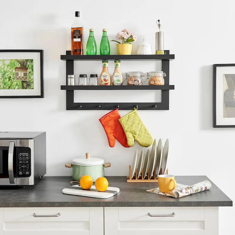 2-Tier Wall Shelf with 5 Hanging Hooks - Entryway or Bathroom