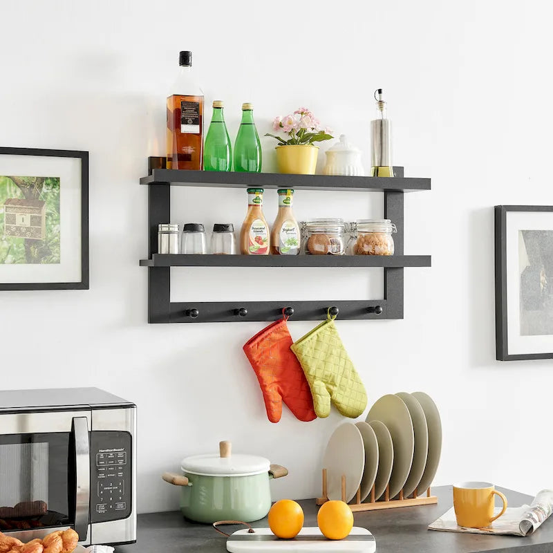 2-Tier Wall Shelf with 5 Hanging Hooks - Entryway or Bathroom